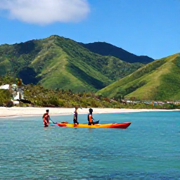 Caribbean Holidays, Montserrat Adventure Holidays, Kayakers and snorkellers enjoying calm turquoise water beside a quiet Montserrat beach, with green hills in the background