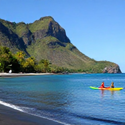 Caribbean Holidays, Montserrat Adventure Holidays, Kayakers and snorkellers enjoying calm turquoise water off Montserrat, with a quiet black-sand beach and green hills in the background