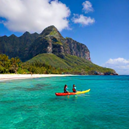 Caribbean Holidays, Montserrat Adventure Holidays, Kayakers paddling across clear Caribbean water beside the green coastline of Montserrat