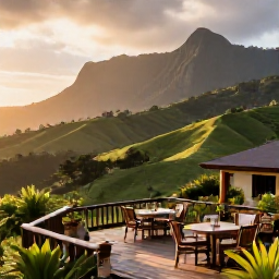Caribbean Holidays, Montserrat Adventure Holidays, Small guesthouse terrace overlooking Montserrat's green hills at sunset with outdoor dining