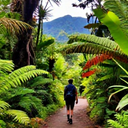 Caribbean Holidays, Montserrat Adventure Holidays, Travellers hiking along a shaded rainforest trail in Montserrat during July, with ferns, tropical trees and mountain scenery