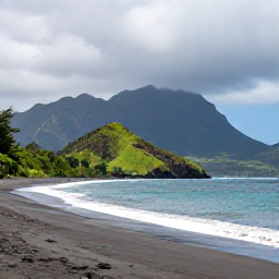 Caribbean Holidays, Montserrat Adventure Holidays, Visitors enjoying a quiet black sand beach on Montserrat with green hills and Caribbean sea behind them