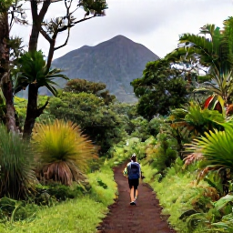Caribbean Holidays, Montserrat Adventure Holidays, Visitors hiking through lush Montserrat woodland on a marked trail, with volcanic peaks and tropical vegetation in the background