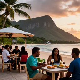 Caribbean Holidays, Montserrat Adventure Holidays, Visitors relaxing at a friendly Montserrat beachside caf&eacute; at sunset, with local food, music and green hills beyond