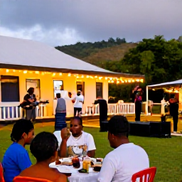 Caribbean Holidays, Montserrat Adventure, Visitors enjoying a relaxed evening meal and live local music in a friendly Montserrat village