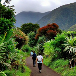Caribbean Holidays, Montserrat Adventure, Visitors walking with a local guide through lush forest on Montserrat, with volcanic slopes and tropical vegetation surrounding the trail