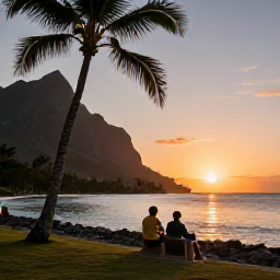 Caribbean Holidays, Montserrat All Inclusive, A couple watching the sunset from a peaceful Montserrat coastline with palm trees and Caribbean sea