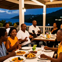 Caribbean Holidays, Montserrat All Inclusive, A friendly evening scene in Montserrat with local food, live Caribbean music and visitors dining in a relaxed setting