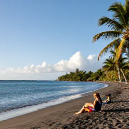 Caribbean Holidays, Montserrat All Inclusive, A quiet black-sand beach on Montserrat with calm turquoise water, palm trees and a couple enjoying a sunny August afternoon