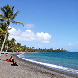 Caribbean Holidays, Montserrat All Inclusive, A quiet black-sand beach on Montserrat with turquoise water, palm trees and visitors enjoying a peaceful tropical day