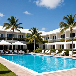 Caribbean Holidays, Montserrat All Inclusive, A relaxed all-inclusive hotel on Montserrat with a swimming pool, palm trees, outdoor dining and guests enjoying the August sunshine