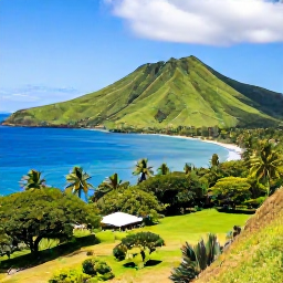 Caribbean Holidays, Montserrat All Inclusive, A scenic view of Montserrat's green volcanic hills, tropical coastline and clear Caribbean sea under bright sunshine