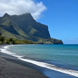 Caribbean Holidays, Montserrat All Inclusive, Black volcanic sand beach at Rendezvous Bay, Montserrat, with clear Caribbean water, green cliffs and a small boat offshore