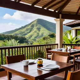Caribbean Holidays, Montserrat All Inclusive, Friendly Montserrat all-inclusive resort dining area serving Caribbean and international food, open-air terrace and views of lush hills
