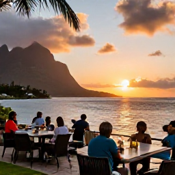 Caribbean Holidays, Montserrat All Inclusive, Guests enjoying an open-air Caribbean resort restaurant with island views at sunset
