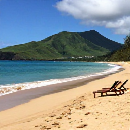 Caribbean Holidays, Montserrat All Inclusive, Quiet golden beach on Montserrat in January, with calm turquoise sea, green volcanic hills and a few comfortable resort loungers