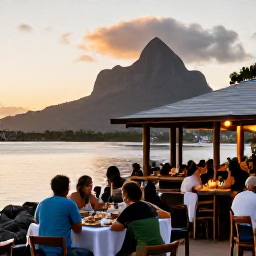 Caribbean Holidays, Montserrat All Inclusive, Sunset over Montserrat harbour with a small restaurant terrace, local Caribbean dishes and relaxed visitors enjoying the evening