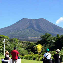Caribbean Holidays, Montserrat All Inclusive, Visitors exploring Montserrat's volcanic landscape near Soufriere Hills, with lush vegetation, distant ash-covered slopes and a clear August sky