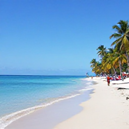 Caribbean Holidays, Montserrat April Tours, A peaceful Montserrat beach in April with clear blue water, palm trees and visitors enjoying a relaxed island day