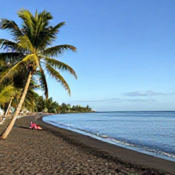 Caribbean Holidays, Montserrat August, A quiet black-sand beach on Montserrat in August, with palm trees, calm Caribbean water and visitors relaxing in the sunshine