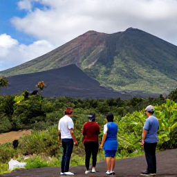Caribbean Holidays, Montserrat August, Visitors exploring the volcanic landscape around Soufriere Hills in Montserrat, with lush vegetation, ash-covered slopes and an expert guide