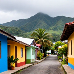 Caribbean Holidays, Montserrat Backpacking, Colourful local village street in Montserrat with small guesthouses, tropical plants and distant green mountains