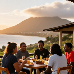 Caribbean Holidays, Montserrat Backpacking, Friendly travellers sharing a casual meal with local residents at an outdoor caf&eacute; in Montserrat at sunset