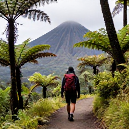 Caribbean Holidays, Montserrat Backpacking, Hiker on the Oriole Trail in Montserrat surrounded by tropical forest, ferns and volcanic mountain scenery