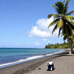 Caribbean Holidays, Montserrat Backpacking, Quiet black sand beach on Montserrat with turquoise Caribbean water, palm trees and a lone backpack beside the shore