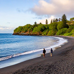Caribbean Holidays, Montserrat Beach Holidays, A couple walking along a peaceful Montserrat coastline in January, volcanic black sand, clear blue sea and lush green scenery in soft morning light