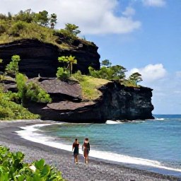 Caribbean Holidays, Montserrat Beach Holidays, A couple walking along a scenic Montserrat coastline in November, with tropical greenery, volcanic cliffs and calm blue Caribbean sea