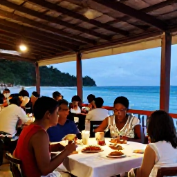 Caribbean Holidays, Montserrat Beach Holidays, A friendly open-air restaurant in Montserrat serving fresh Caribbean food, with diners enjoying a warm June evening