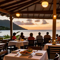 Caribbean Holidays, Montserrat Beach Holidays, A friendly seaside restaurant on Montserrat at sunset, with Caribbean dishes on tables, warm lights and diners looking towards the bay