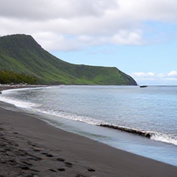 Caribbean Holidays, Montserrat Beach Holidays, A quiet black-sand beach on Montserrat with green volcanic hills, calm Caribbean water and a small fishing boat in the distance
