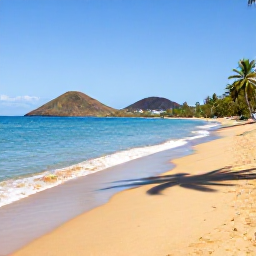 Caribbean Holidays, Montserrat Beach Holidays, A quiet golden beach on Montserrat in January, calm turquoise Caribbean water, volcanic hills in the distance and a few palm trees under bright sunshine