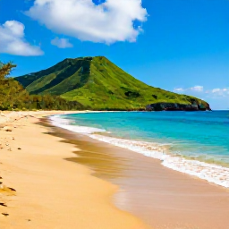 Caribbean Holidays, Montserrat Beach Holidays, A quiet golden beach on Montserrat in May, with clear turquoise water, green volcanic hills and a bright Caribbean sky