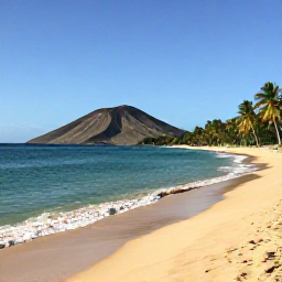 Caribbean Holidays, Montserrat Beach Holidays, A quiet golden beach on Montserrat with turquoise Caribbean water, volcanic hills and a few palm trees under warm November sunshine