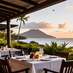 Caribbean Holidays, Montserrat Beach Holidays, A relaxed Montserrat restaurant terrace at sunset, serving Caribbean food with tropical vegetation and distant volcanic hills