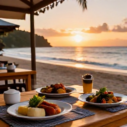 Caribbean Holidays, Montserrat Beach Holidays, A relaxed seaside restaurant in Montserrat at sunset, serving fresh local food with the Caribbean Sea in the background