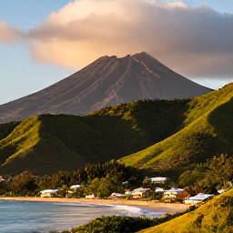 Caribbean Holidays, Montserrat Beach Holidays, A scenic Montserrat landscape in May showing lush green slopes, the Soufri&egrave;re Hills volcano and a small coastal village in warm afternoon light