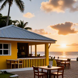 Caribbean Holidays, Montserrat Beach Holidays, Colourful local restaurant in Montserrat at sunset, serving Caribbean food with outdoor tables and relaxed island surroundings