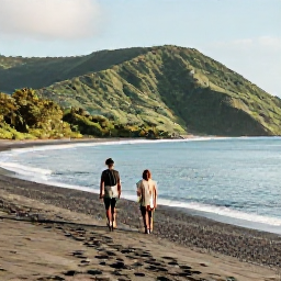 Caribbean Holidays, Montserrat Beach Holidays, Couple walking along a quiet Montserrat beach in warm August sunshine, with volcanic sand, calm sea and lush green hills