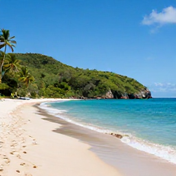 Caribbean Holidays, Montserrat Beach Holidays, Empty Rendezvous Bay beach in Montserrat, soft sand, clear blue water, palm trees and green tropical hills, bright April sunshine, realistic travel photography