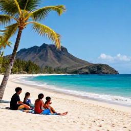 Caribbean Holidays, Montserrat Beach Holidays, Families and couples relaxing beside a sheltered Montserrat beach, with palm trees, volcanic hills and clear blue Caribbean sea