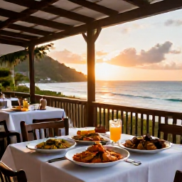 Caribbean Holidays, Montserrat Beach Holidays, Friendly Montserrat restaurant terrace serving Caribbean food, fresh seafood and drinks at sunset in October