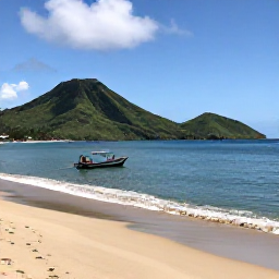 Caribbean Holidays, Montserrat Beach Holidays, Quiet golden beach on Montserrat in October, calm Caribbean Sea, green volcanic hills and a small fishing boat