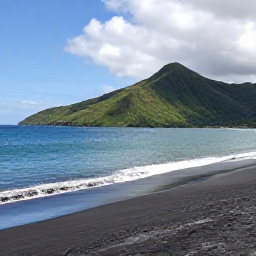 Caribbean Holidays, Montserrat Beach Holidays, Quiet tropical beach on Montserrat with black volcanic sand, calm turquoise sea and green hills in the background