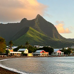 Caribbean Holidays, Montserrat Beach Holidays, Small colourful waterfront village in Montserrat at sunset, Caribbean restaurants and harbour, green volcanic mountains behind, relaxed April evening, realistic travel photography