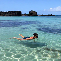Caribbean Holidays, Montserrat Beach Holidays, Snorkeller exploring clear Caribbean water near Montserrat, with colourful fish, rocky reef and volcanic coastline visible in the background