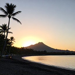 Caribbean Holidays, Montserrat Beach Holidays, Sunset over Montserrat coast with calm sea, dark volcanic beach, palm trees and the silhouette of Soufri&egrave;re Hills volcano